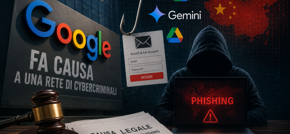 Hooded hacker at a laptop displaying 'PHISHING' with a gavel, legal papers, and a Google sign in a dark cybercrime scene.