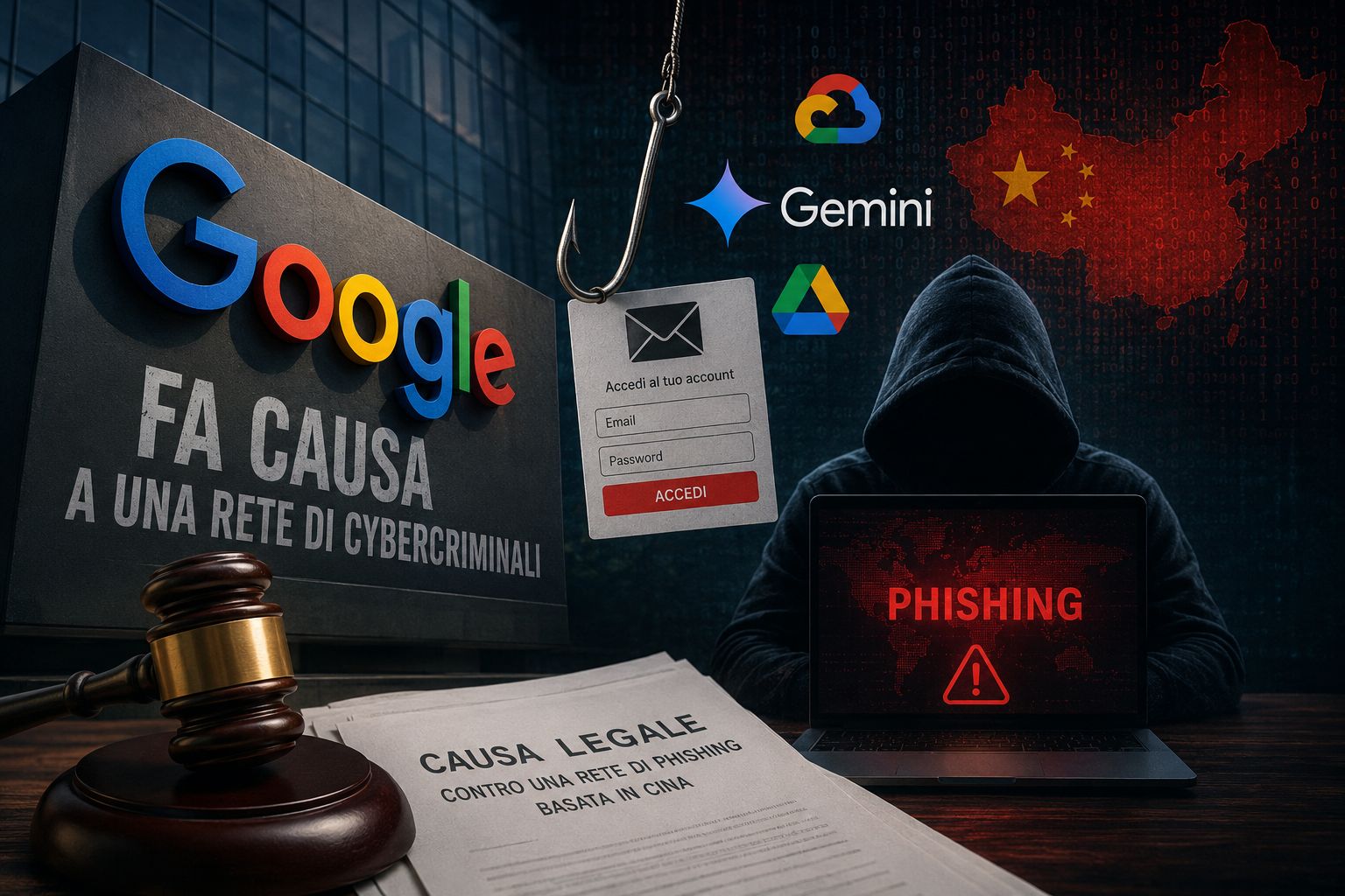 Hooded hacker at a laptop displaying 'PHISHING' with a gavel, legal papers, and a Google sign in a dark cybercrime scene.