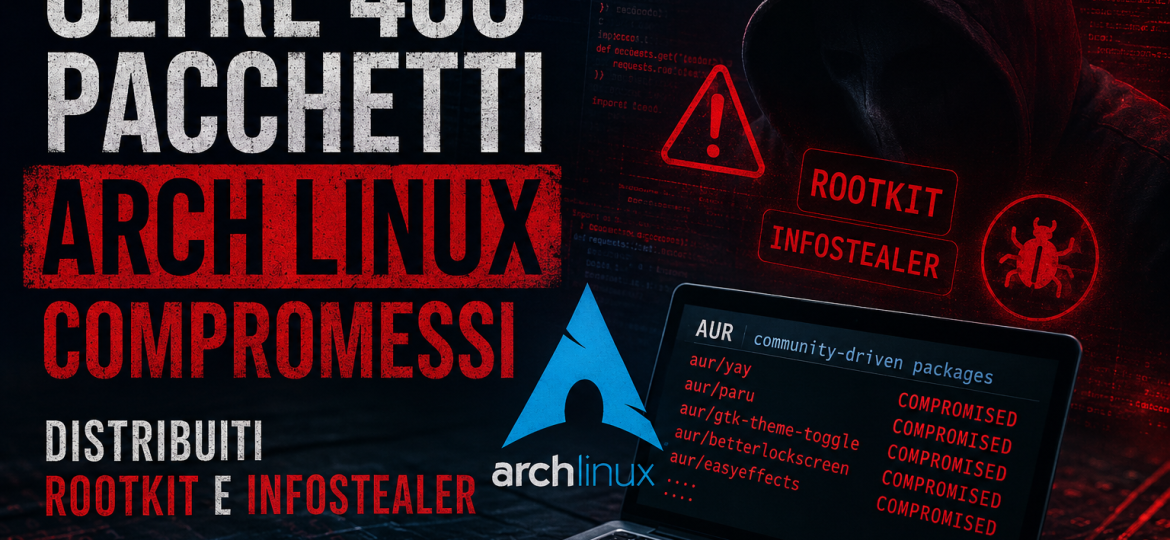 Oltre 400 pacchetti Arch Linux compromessi distribuiti rootkit e infostealer
